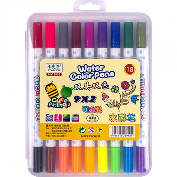 Набір двоколірних фломастерів 9 штук 18 кольорів 8059-18 в пластиковому боксі