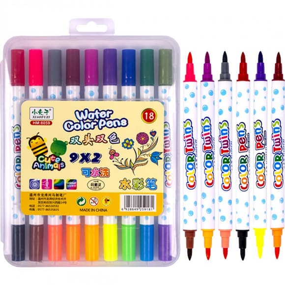 Набір двоколірних фломастерів 9 штук 18 кольорів 8059-18 в пластиковому боксі