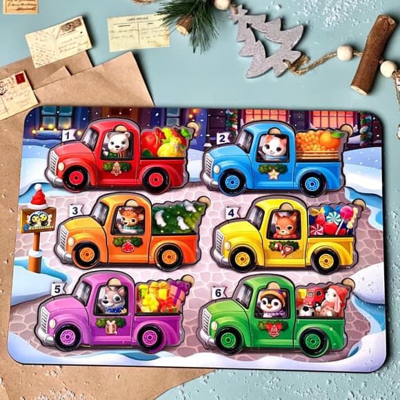 Дерев'яна гра з картками "Тварини на машинках" Ubumblebees (ПСФ132) PSF132, 42 деталі і 12 карток 