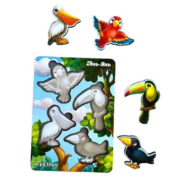 Дерев'яний пазл-вкладиш "Птахи" Ubumblebees (ПСФ062) PSF062 фон із підказкою  