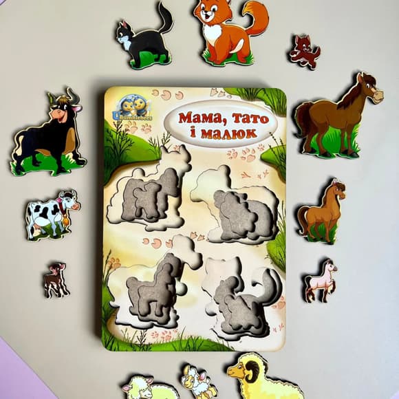 Дерев'яний пазл-вкладиш "Сім'я-домашні тварини" Ubumblebees (ПСД077) PSD077 більше-менше