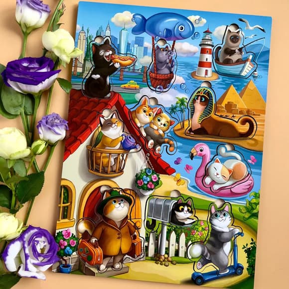 Дерев'яний пазл-вкладиш "Котики -1" Ubumblebees (ПСД128) PSD128 з будиночком