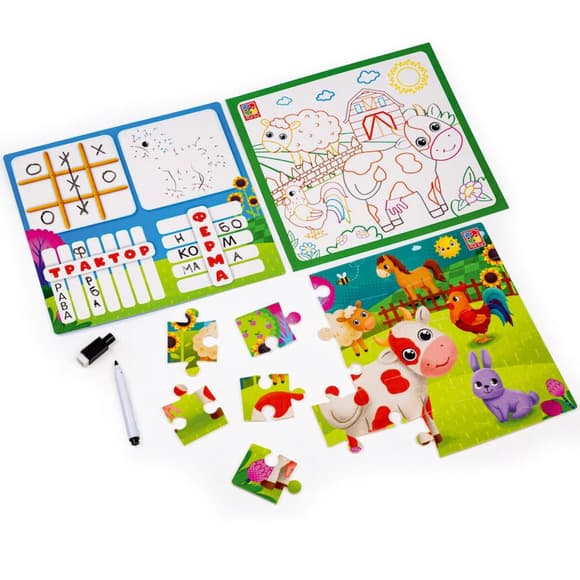 Развивающий набор 4 в 1 "Ферма" VT2002-01 пазл, раскраска, маркер