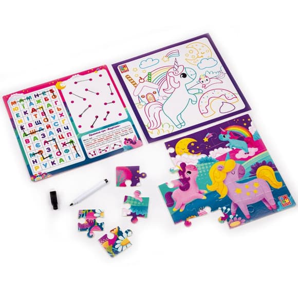Розвиваючий набір 4 в 1 "Єдиноріжки" VT2002-05 пазл, розмальовка, маркер