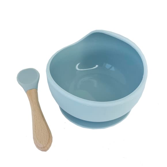 Силіконова тарілка на присосці з дерев'яною ложкою MGZ-0103(Grey) 300 мл