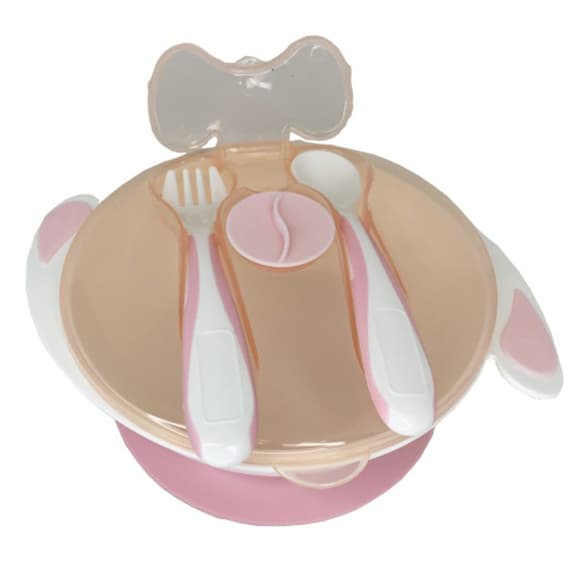 Тарелка на присоске с ложкой и вилкой MGZ-0109(Peach) 350 мл