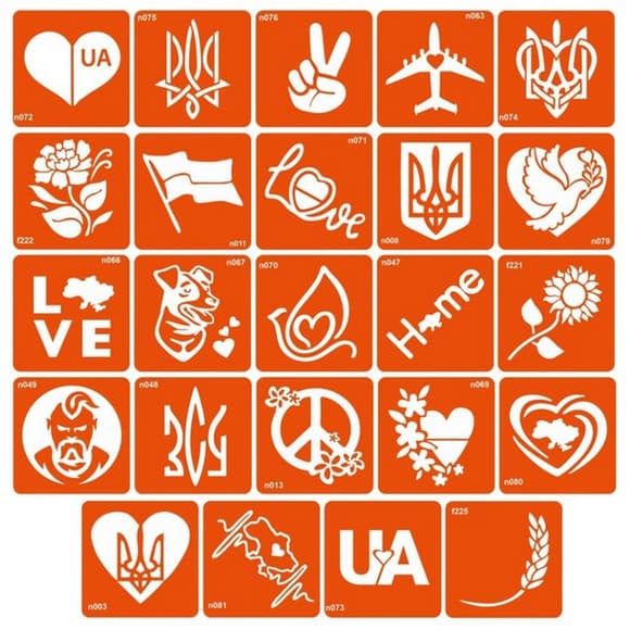 Набор трафаретов для био-тату "С Украиной в сердце" z-ukrainoyu-v-sertsi-24-p 6 x 6 см 24 шт