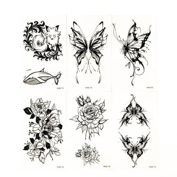 Набір тимчасових тату "Метелики та квіти №1" black-tattoo-mini-set-f01 із 6 чорних по 9,5 х 5,5 см