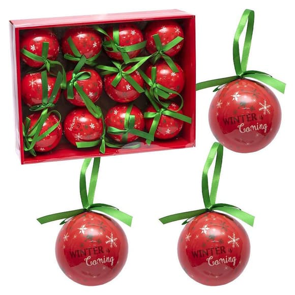 Елочные шарики "Winter is Coming" 75-276С красный, пластик 12 штук 7 см 