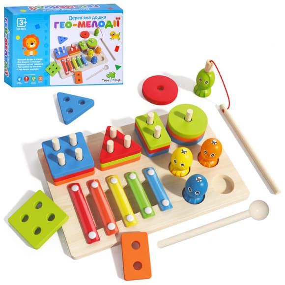 Деревянная игрушка Многофункциональная доска "Гео-Мелодии" MD 0855 геометрика, ксилофон