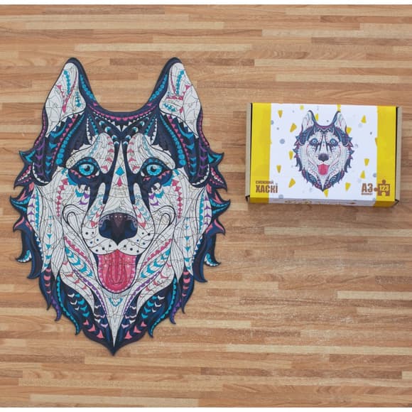 Фигурный деревянный пазл A3 "Снежный хаски" PuzA3-00902, 123 элемента