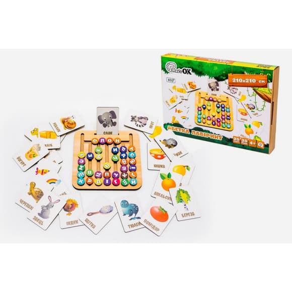 Деревянная игрушка монтессоры "Азбука лабиринт" Puz-72859, 25 карт 35 букв