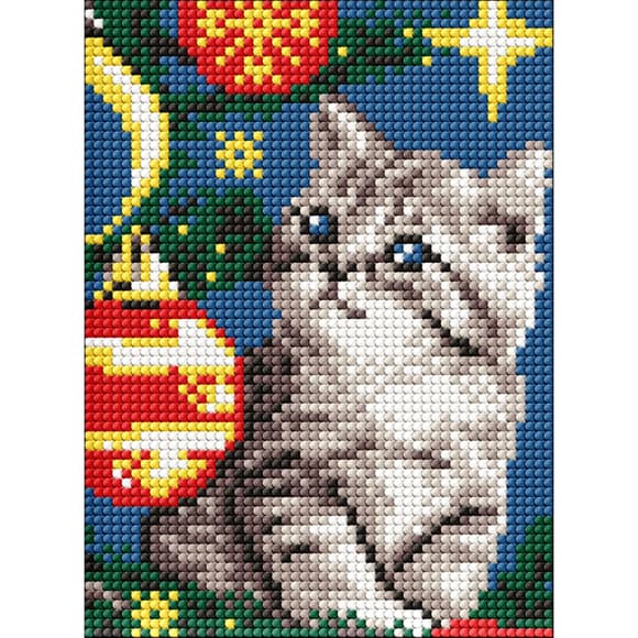 Алмазная мозаика без подрамника для детей "Котенок под елкой" AMM1074, 15х20 см