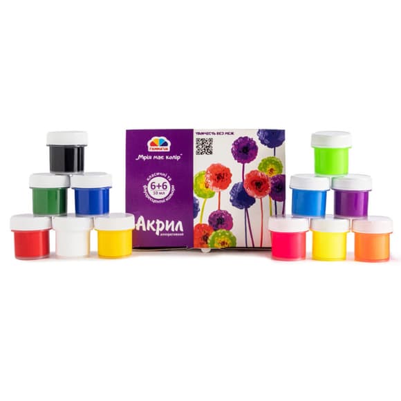 Акрилові фарби флуоресцентні "Творчість" 400506, 12 кольорів  по 10 мл