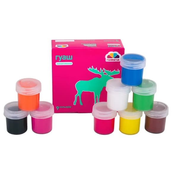 Набор гуашевых красок для рисования Увлечения ГАММА'UA 200202, 9 цветов по 20 мл