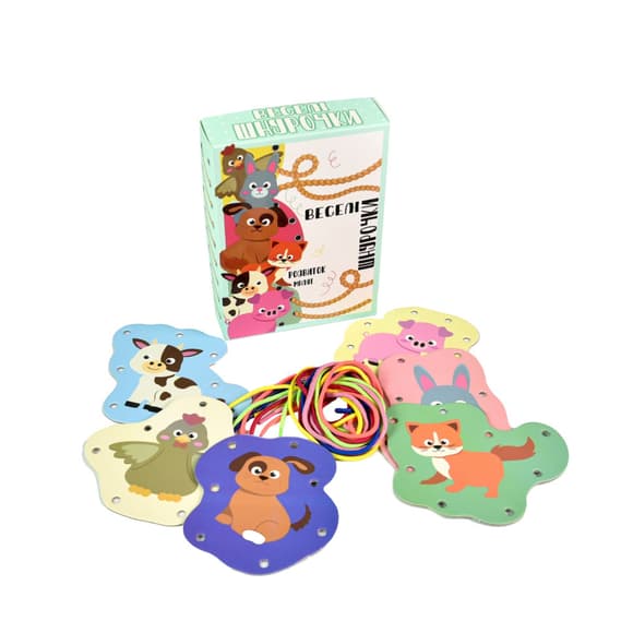 Развивающая игра "Веселые шнурочки Животные" 30522, 6 картинок, цветные шнурки