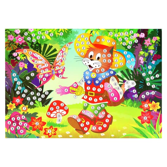 Дитяча мозаїка за номерами "Кіт у чоботях" 13-127-3 різнокольорові камінчики