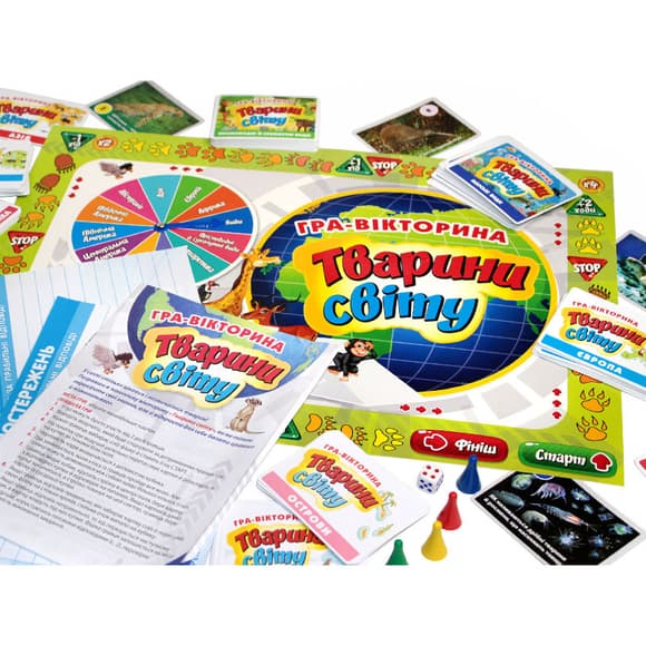 Настольная игра-викторина "Животные мира" 12120139 игровое поле, рулетка. кубик
