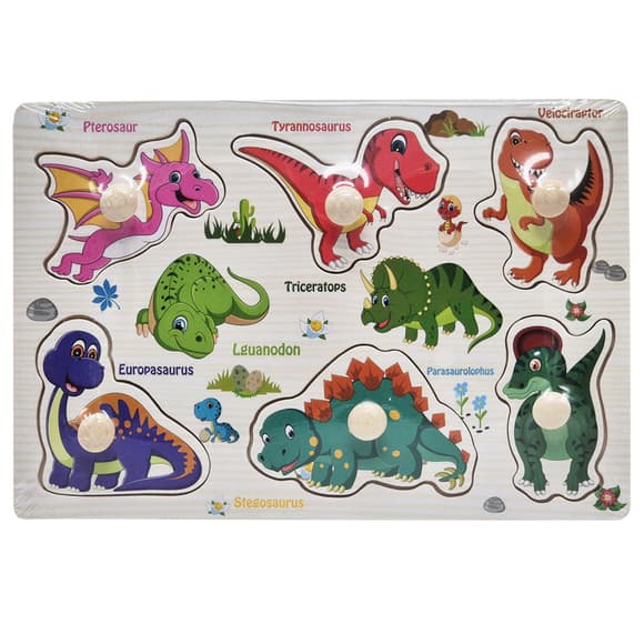Деревянный пазл-вкладыш Динозавры 53972-10 ручка-держатель, в пленке
