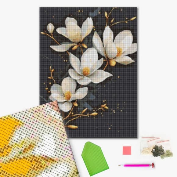 Алмазна мозаїка "Білі квіти на чорному тлі" DBS1262, 40х50 см