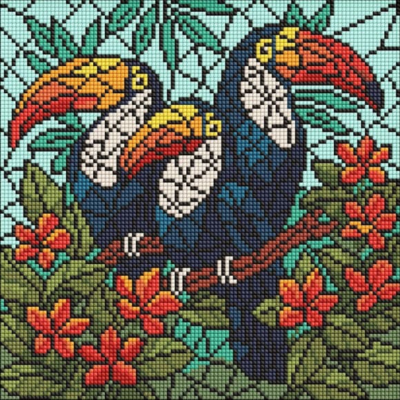 Алмазна мозаїка "Вітраж. Тріо туканів" ©art_selena_ua AMO8345, 30х30 см