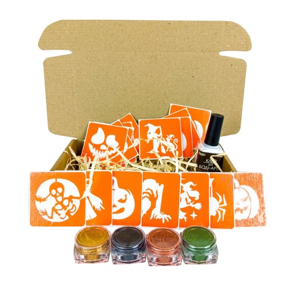 Набор для био-тату "Хэллоуин - глиттер" set-halloween-glitter 18 трафаретов