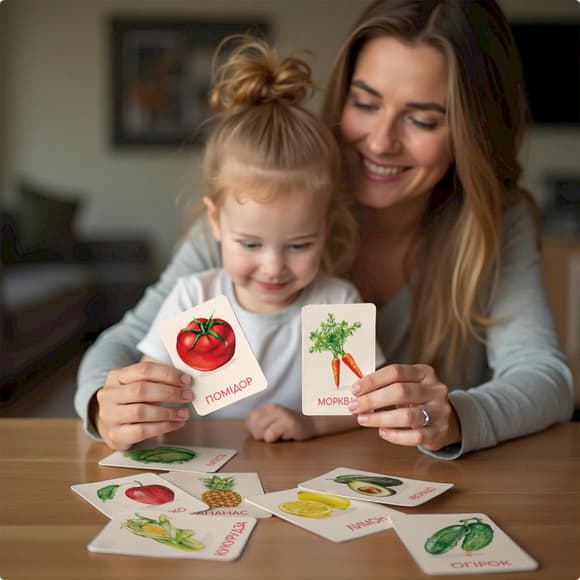 Детский набор учебных карточек Монтессори "Овощи и фрукты" 301232, 32 изображения