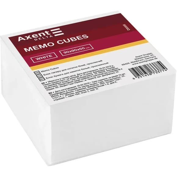 Блок білого паперу для нотаток Axent Delta D8008, 90х90х50 мм, проклеєний
