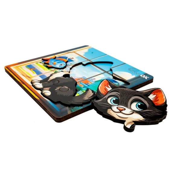 Дерев'яний пазл-вкладиш "Допитливий котик" Puz-88751 А6, 4 елементи