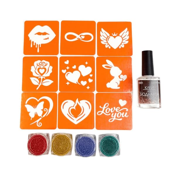 Набір для біо-тату "Love Story #2 - гліттер" set-love-story-2-glitter 9 трафаретів