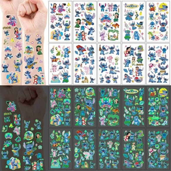 Набір тимчасових татуювань "Стіч" stich-glow-tattoo-10 світяться, 10 аркушів 12х7 см