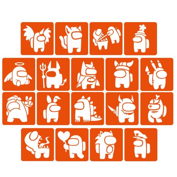 Набір трафаретів для біо-тату "Among Us #2" Among-Us-2-5x5-18, 18 трафаретів