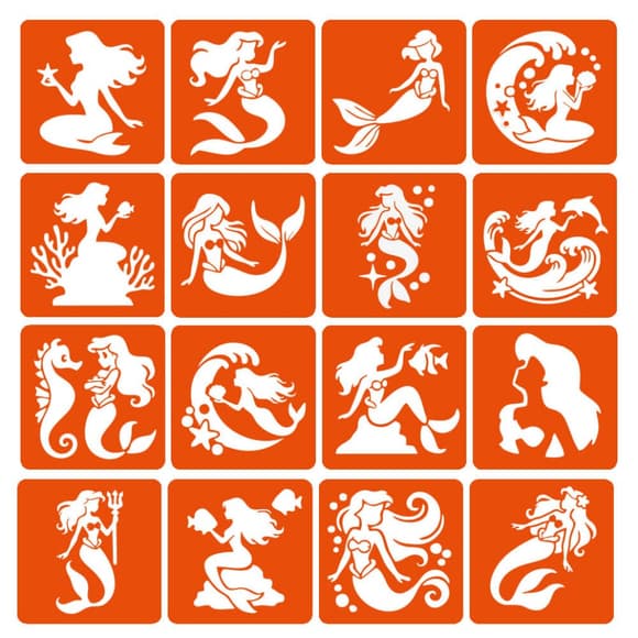 Набор трафаретов для био-тату "Русалки" mermaids-6x6-16, 16 трафаретов