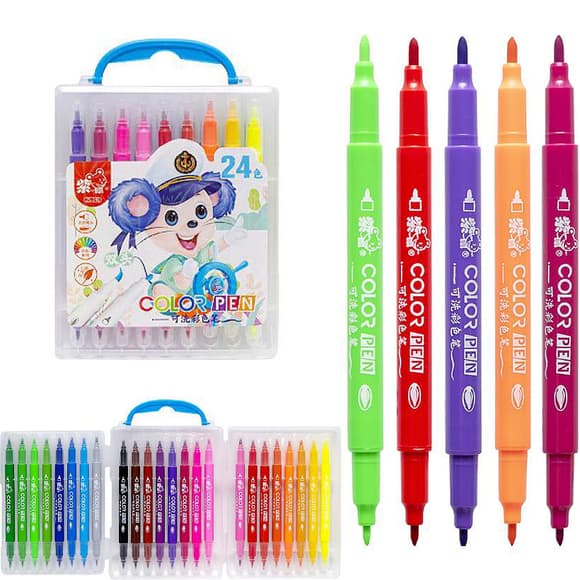 Набір двосторонніх фломастерів 249-24(Blue) у пластиковому боксі, 24 кольори