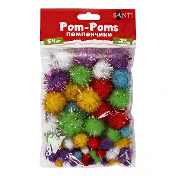 Декоративные помпоны с люрексом для творчества 955438 d-8 мм,15 мм,25 мм, 54 шт
