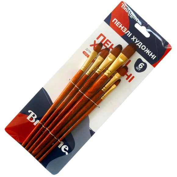 Набор профессиональных нейлоновых кисточек BR650, 6 штук, форма FILBERT