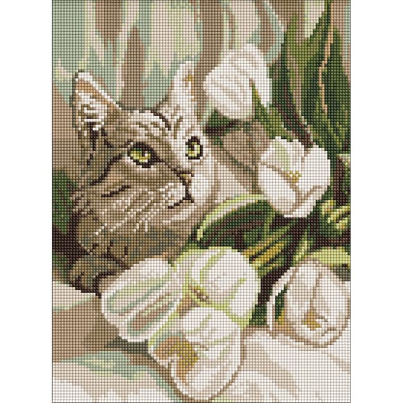 Алмазная мозаика "Зеленоглазый кот с тюльпанами" AMO20099, 30х40 см