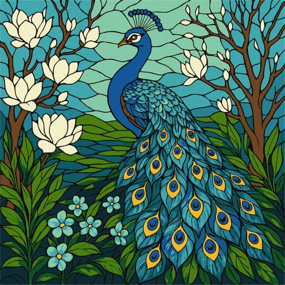 Картина по номерам "Витраж. Павлин в магнолии" KHO6810, 30x30 см