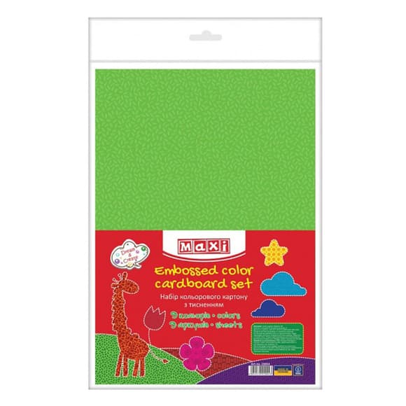 Набор цветного картона с тиснением 21004K, 9 листов, 9 цветов, формат А4