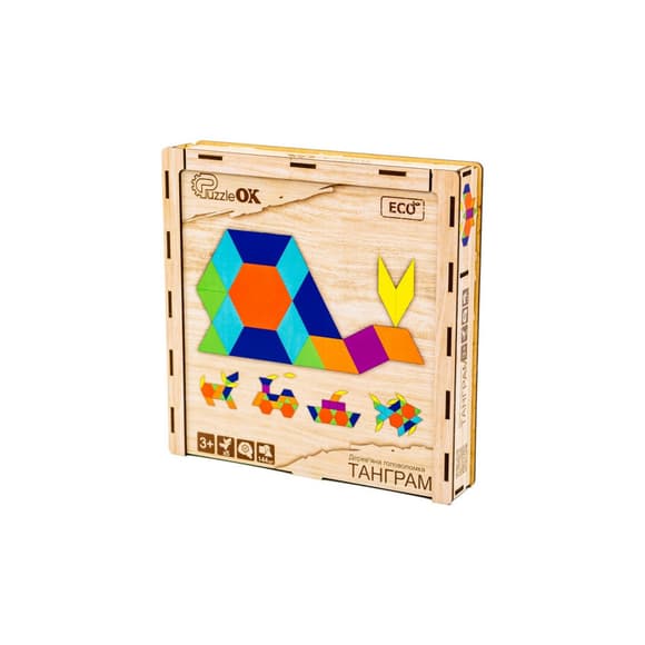 УЦЕНКА!!! Деревянная головоломка "Танграм" PuzzleOK Puz-33654-UC 144 элемента