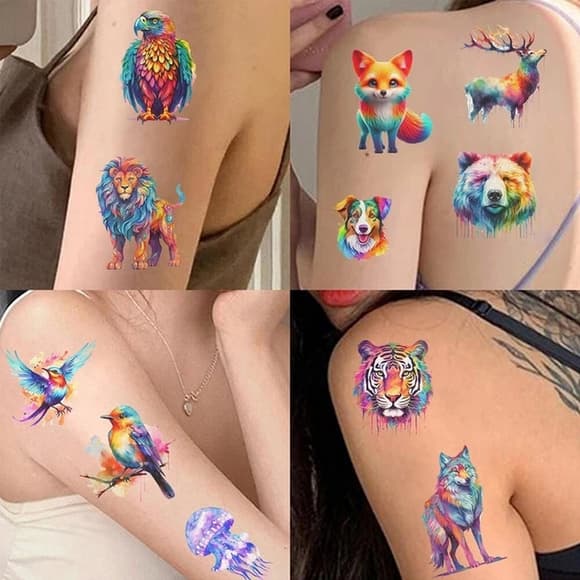 Набір тимчасових тату "Тварини - акварель" animals-watercolor-mini-set-1-10, 10 штук, розмір 12 х 7 см